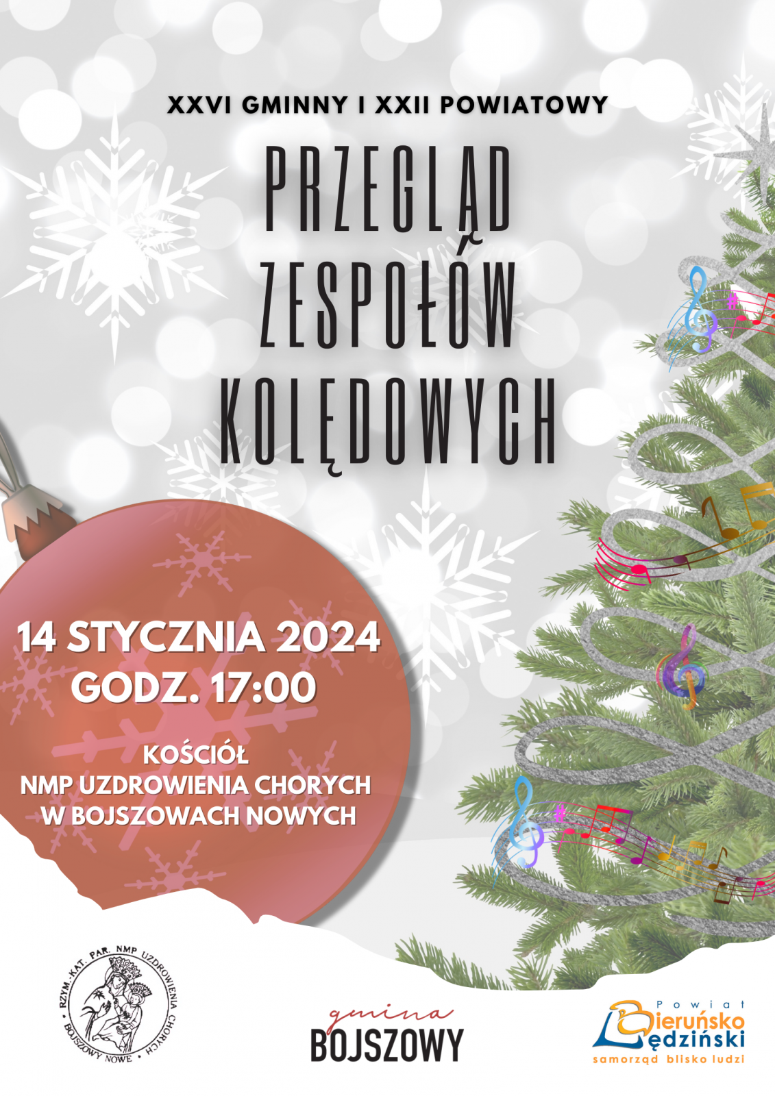Plakat informacyjny z zieloną choinką po prawej stronie oraz dużą czerwoną bombką po lewej stronie